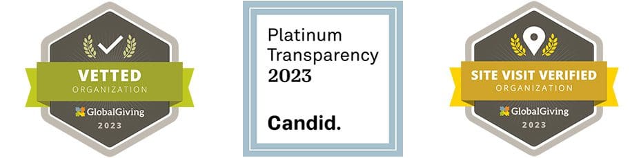 These are the 2023 badges provided by Global Giving and Candid awarding Seeds for a Future, including "Vetted Organization," "Site Visit Verified," and "Platinum Transparency" by Candid.