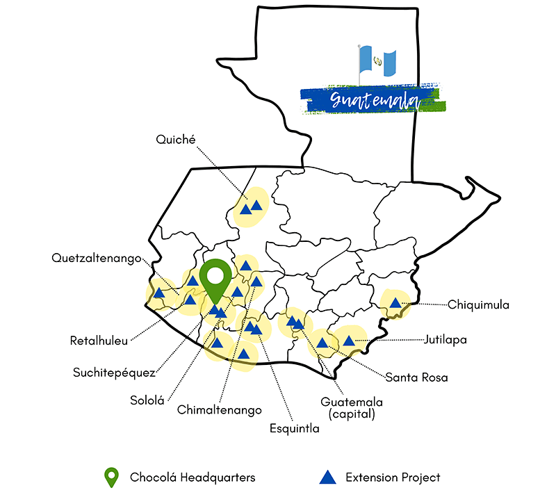 A map showing the Seeds for a Future Program locations in Guatemala which is located in 19 communities in 10 states.